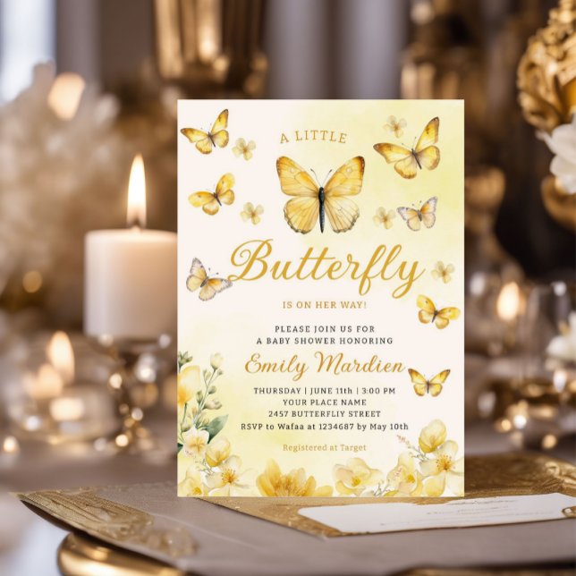 Invitación Baby Shower Chica de mariposa floral amarillo mode (Subido por el creador)