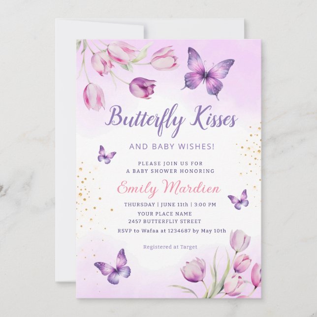 Invitación Baby Shower, Chica de mariposa floral púrpura mode (Anverso)