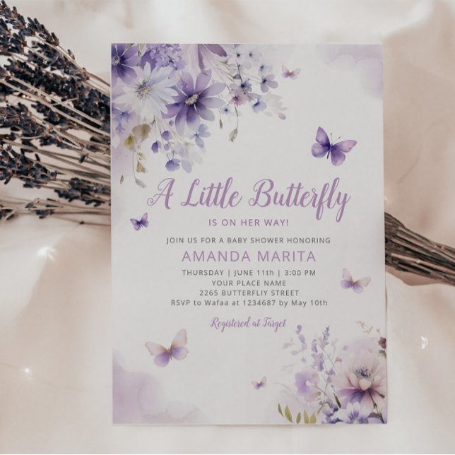 Invitación Baby Shower, Chica de mariposa floral púrpura mode (Subido por el creador)