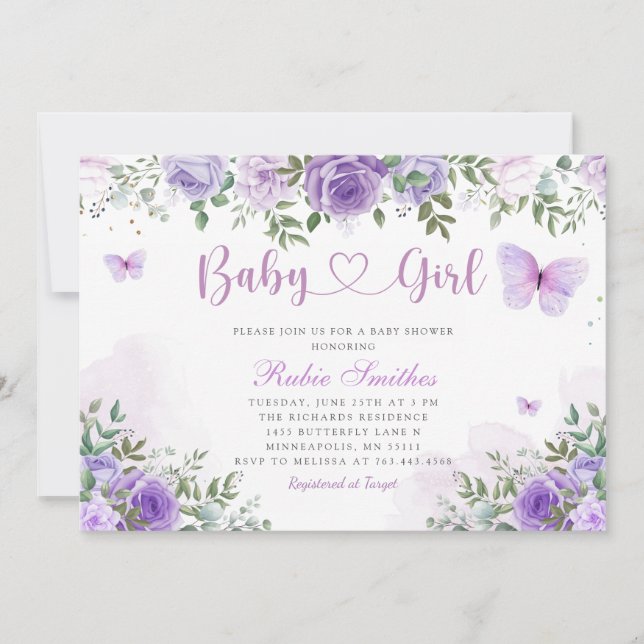 Invitación Baby Shower, Chica de mariposa floral púrpura mode (Anverso)