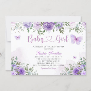Invitación Baby Shower, Chica de mariposa floral púrpura mode