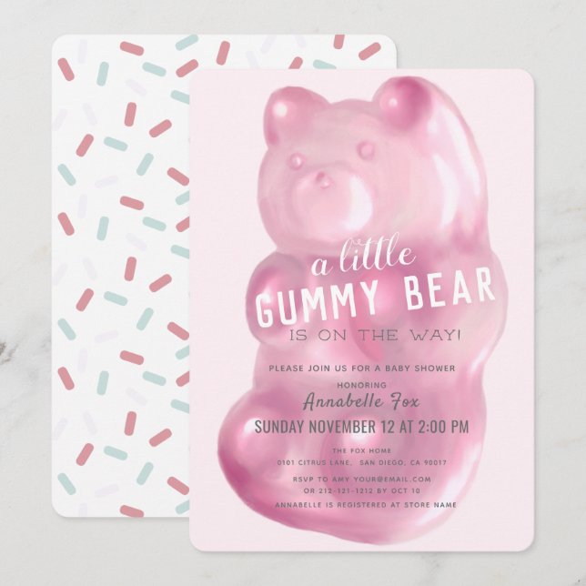 Invitación Baby Shower Chica de oso de goma rosa (Anverso / Reverso)