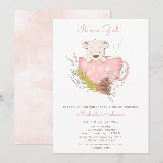 Invitación Baby Shower Chica de oso de invierno rosa (Anverso / Reverso)
