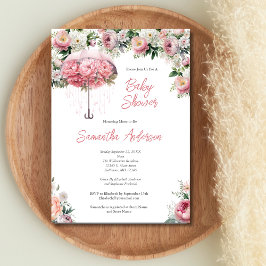 Invitación Baby Shower Chica de paraguas floral blanca rosa