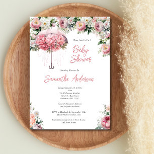 Invitación Baby Shower Chica de paraguas floral blanca rosa
