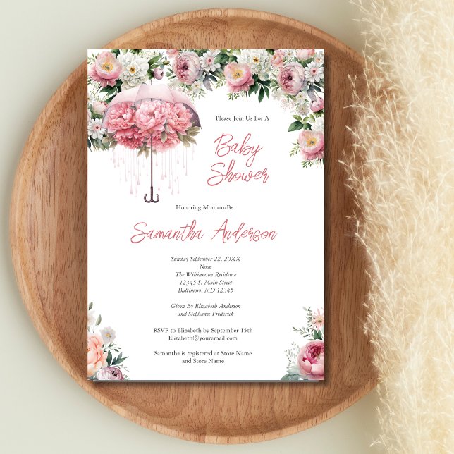 Invitación Baby Shower Chica de paraguas floral blanca rosa (Pink White Floral Umbrella Baby Shower for Baby Girl Invitation)