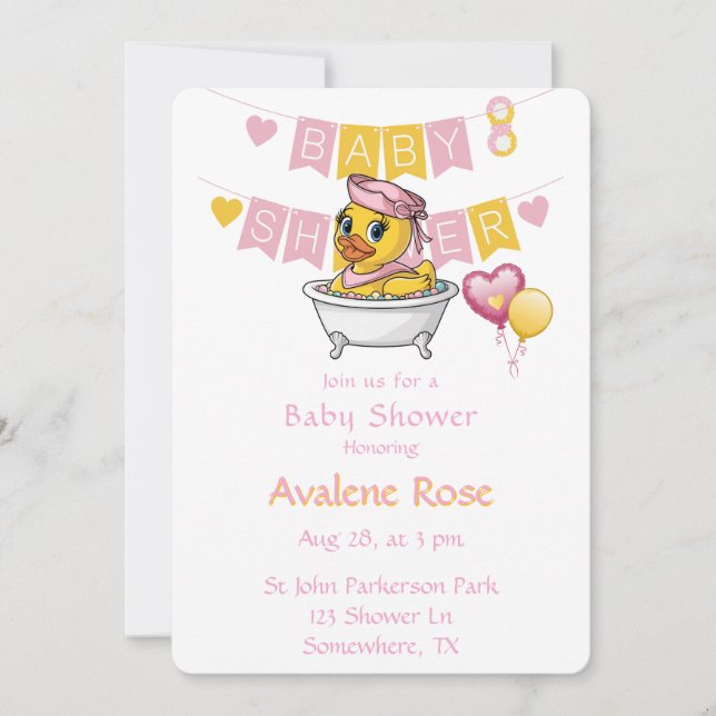 Invitación Baby Shower Chica de pato de goma rosa y amarillo (Anverso)