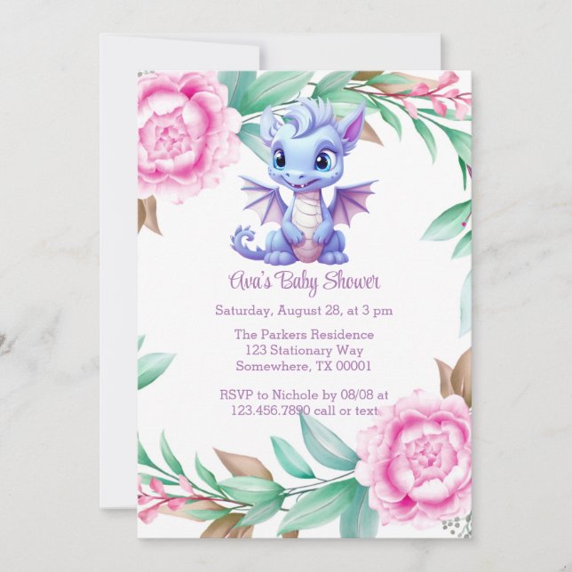 Invitación Baby Shower, Chica de peones de dragones morados y (Anverso)