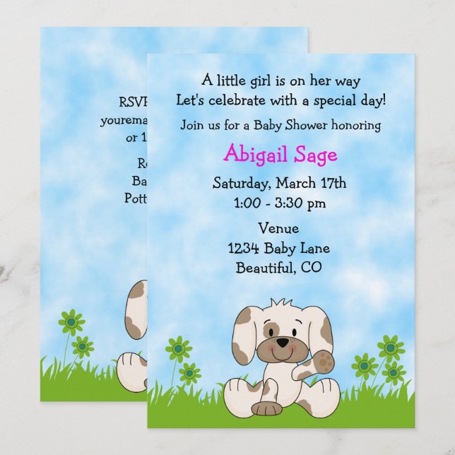Invitación Baby Shower, Chica de Perro Cachorro (Anverso / Reverso)