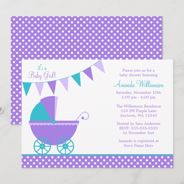 Invitación Baby Shower Chica de portaequipajes Verde azulados (Anverso / Reverso)