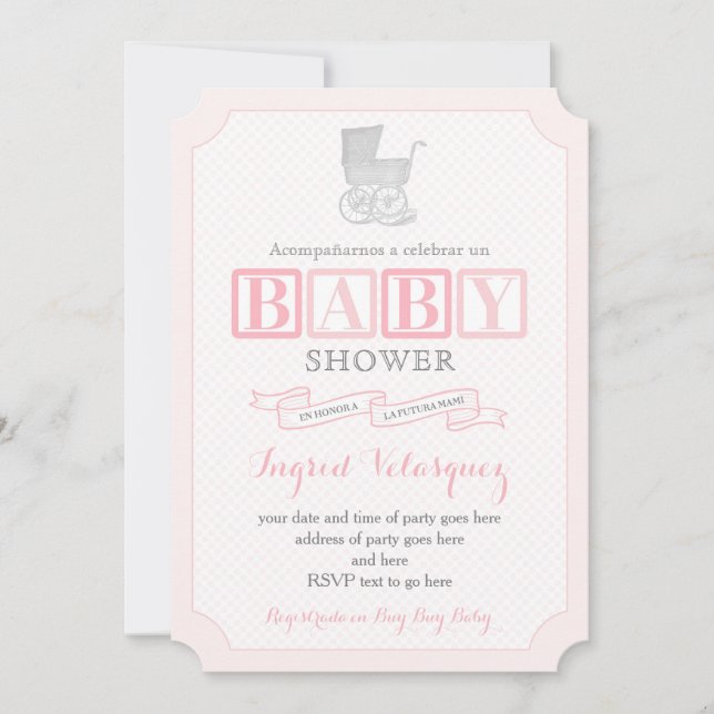 Invitación Baby Shower, Chica de Pram clásico, invita al espa (Anverso)