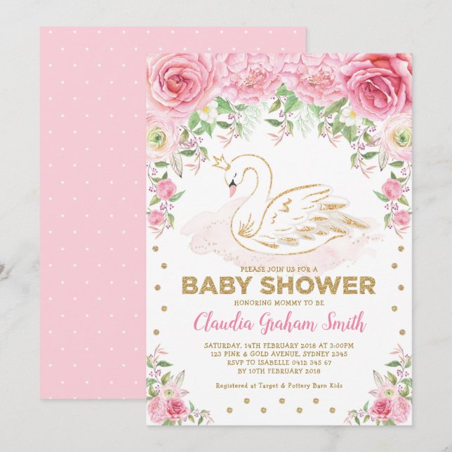 Invitación Baby Shower Chica de Princesa de Cisne de Oro Rosa (Anverso / Reverso)
