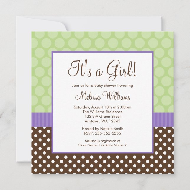 Invitación Baby Shower Chica de puntos de polka verde morado (Anverso)