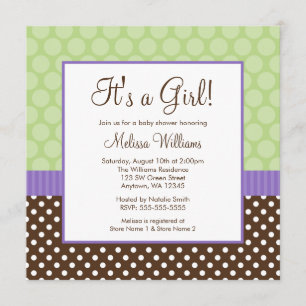 Invitación Baby Shower Chica de puntos de polka verde morado