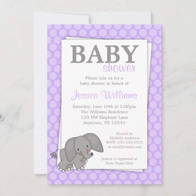Invitación Baby Shower Chica de puntos púrpura elefante (Anverso)