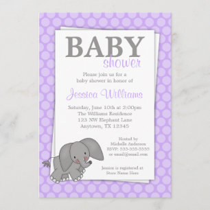Invitación Baby Shower Chica de puntos púrpura elefante