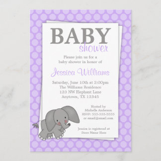 Invitación Baby Shower Chica de puntos púrpura elefante