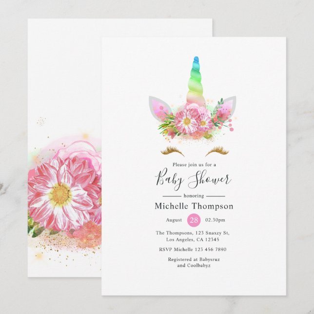 Invitación Baby Shower Chica de Rainbow Unicorn (Anverso / Reverso)