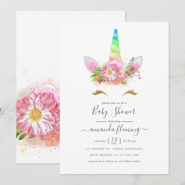 Invitación Baby Shower Chica de Rainbow Unicorn (Anverso / Reverso)