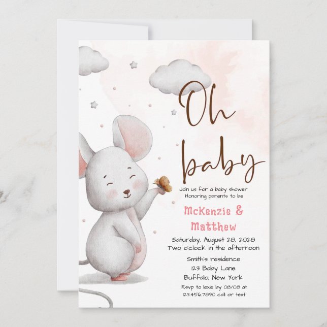 Invitación Baby Shower Chica de ratón gris y rosado lindo (Anverso)