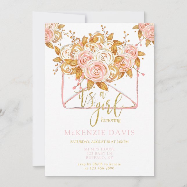 Invitación Baby Shower Chica de sobres florales rosados Peony (Anverso)