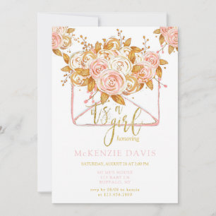 Invitación Baby Shower Chica de sobres florales rosados Peony