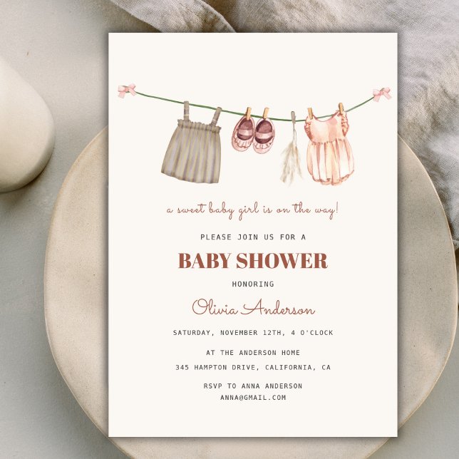 Invitación Baby Shower, Chica de Sweet Boho Clothesline (Sweet Boho Clothesline Girl Baby Shower Invitation)