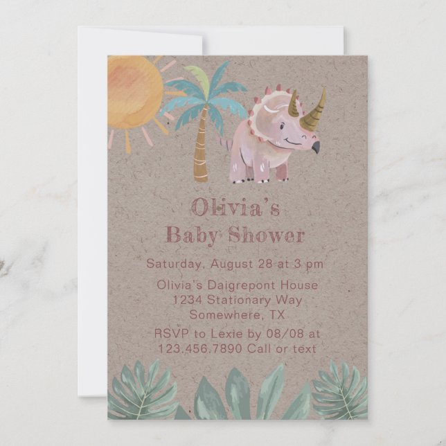 Invitación Baby Shower Chica de triceratops rosados de Kraft (Anverso)