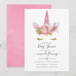 Invitación Baby Shower, Chica de unicornio con flores rosadas