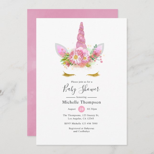 Invitación Baby Shower, Chica de unicornio con flores rosadas (Anverso / Reverso)