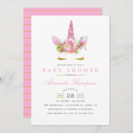 Invitación Baby Shower, Chica de unicornio con flores rosadas