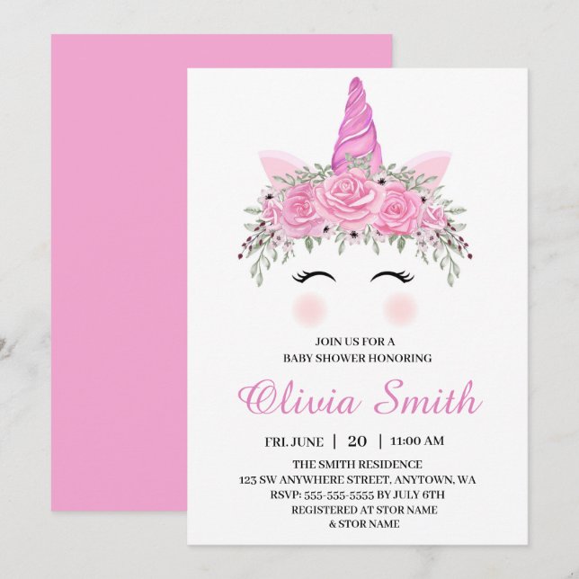 Invitación Baby Shower Chica De Unicornio Cuto Con Nombre Ros (Anverso / Reverso)