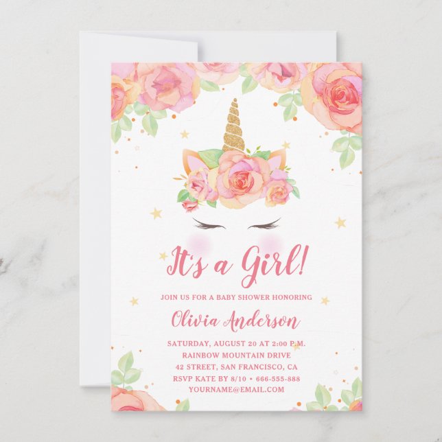 Invitación Baby Shower Chica de unicornio mágico de acuarela (Anverso)