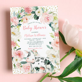 Invitación Baby Shower Chica de vaca floral de oro rosa