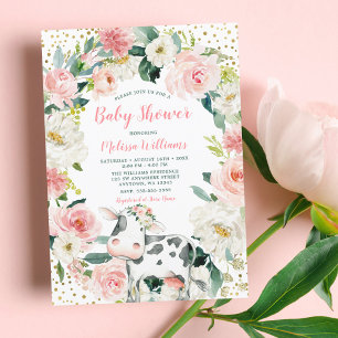 Invitación Baby Shower Chica de vaca floral de oro rosa