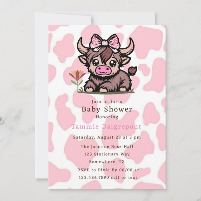 Invitación Baby Shower Chica de Vaca Rosa Tan Highland (Anverso)
