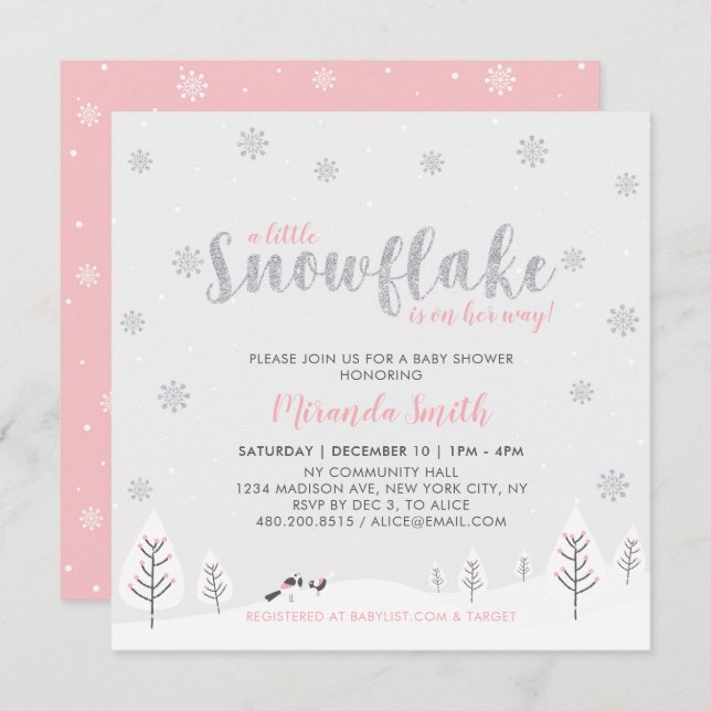Invitación Baby Shower, Chica de Wonderland Silver y Pink Win (Anverso / Reverso)