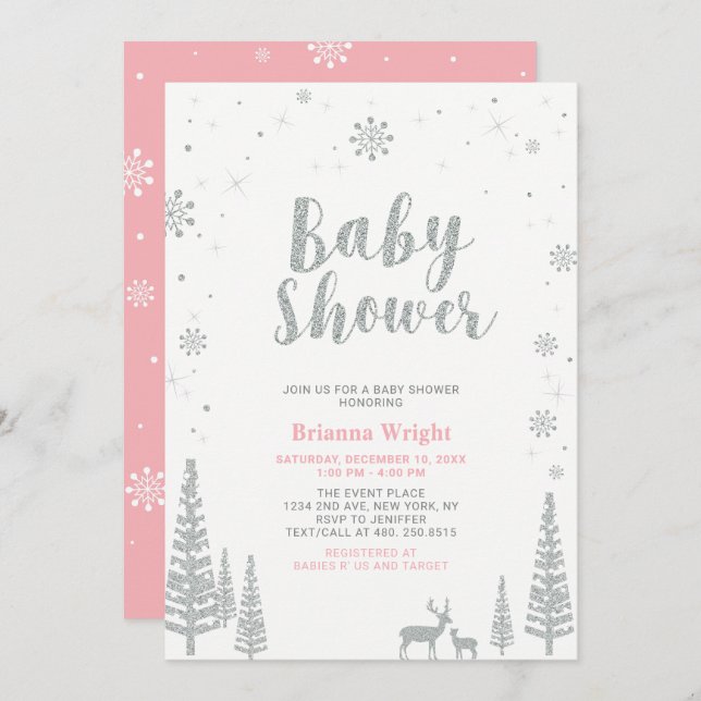 Invitación Baby Shower, Chica de Wonderland Silver y Pink Win (Anverso / Reverso)