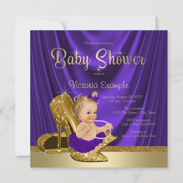 Invitación Baby Shower Chica de zapatos de tacón morado y dor (Anverso)