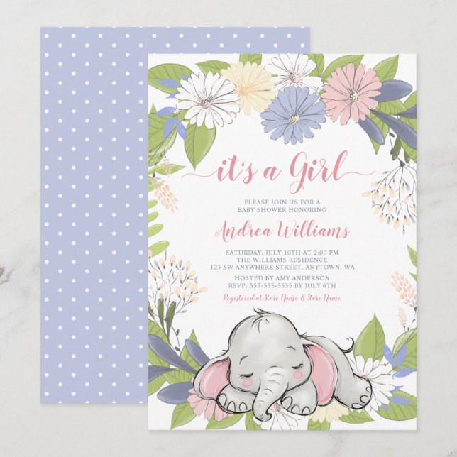Invitación Baby Shower Chica del elefante de la floral Wreath (Anverso / Reverso)
