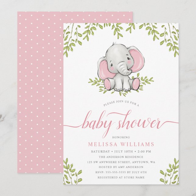 Invitación Baby Shower Chica del Elefante de la Verdemia Mode (Anverso / Reverso)