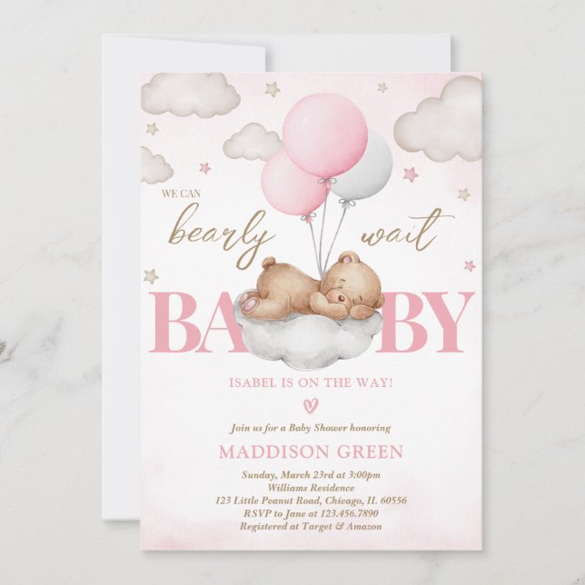 Invitación Baby Shower Chica del oso durmiente del boho rosad (Anverso)