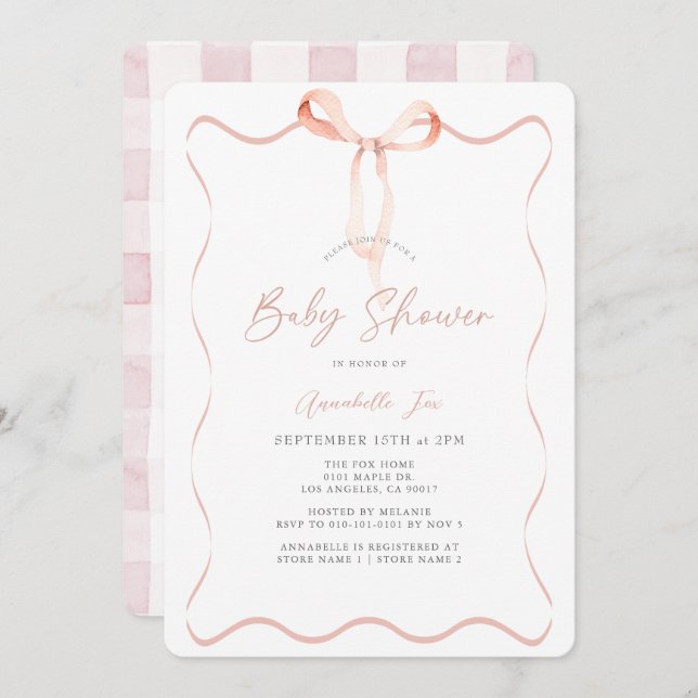 Invitación Baby Shower Chica Delicado De Cinta Rosa (Anverso / Reverso)