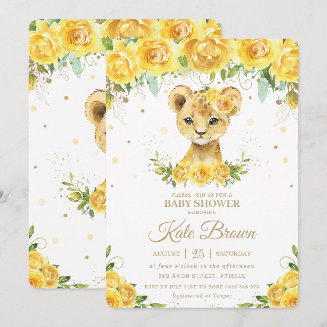 Invitación Baby Shower Chica dorado floral de León amarillo d (Anverso / Reverso)