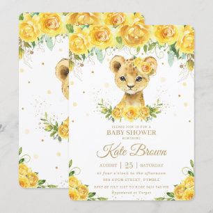 Invitación Baby Shower Chica dorado floral de León amarillo d