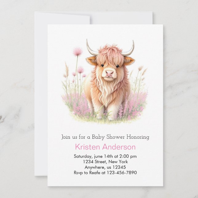 Invitación Baby Shower Chica editable de vaca de Highland (Anverso)