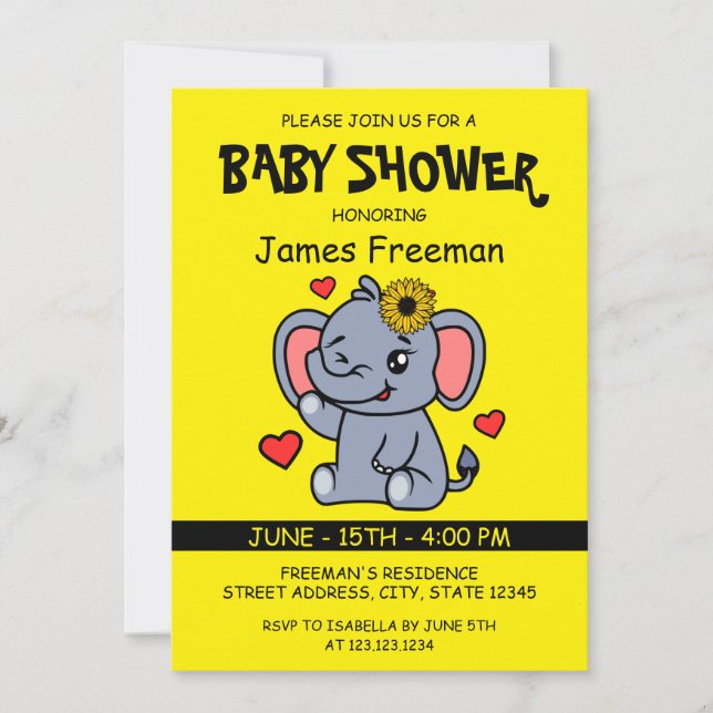 Invitación Baby Shower Chica elefante de vectores amarillos (Anverso)