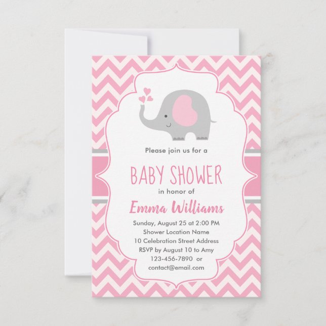 Invitación Baby Shower Chica elefante gris rosado (Anverso)