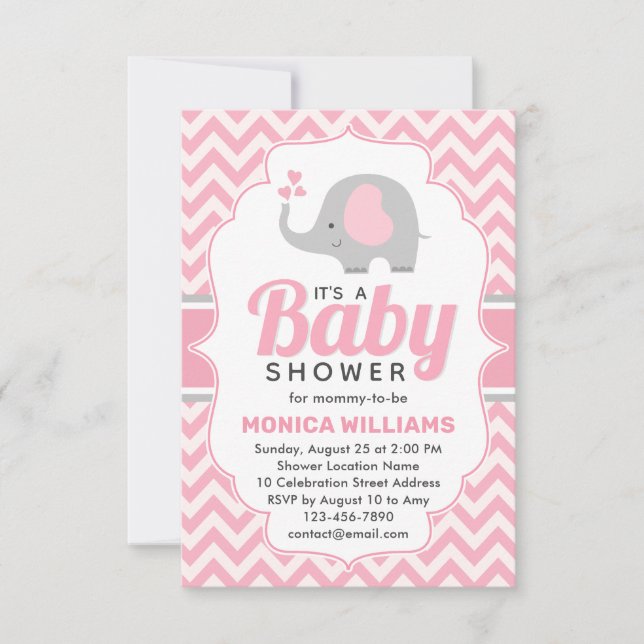 Invitación Baby Shower Chica elefante gris rosado (Anverso)