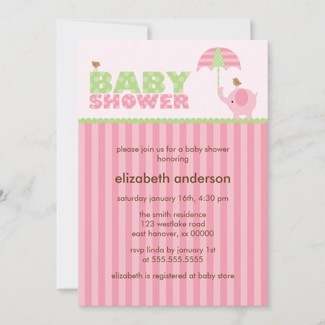 Invitación Baby Shower Chica Elefante Rosa (Anverso)